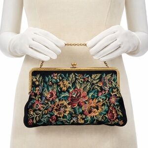 Walborg Black Floral Tapestry Kiss-Lock Clutch with Gold Frame
